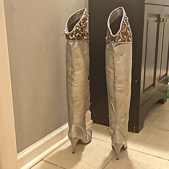 Vintage Over-The-Knee Genuine Leather Boots, Sz 8M Silver w/Top Black/Gold/Silve